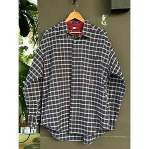 Vintage Y2K Tommy Hilfiger Men's XL Plaid Navy Blue Long Sleeve Button Up Shirt